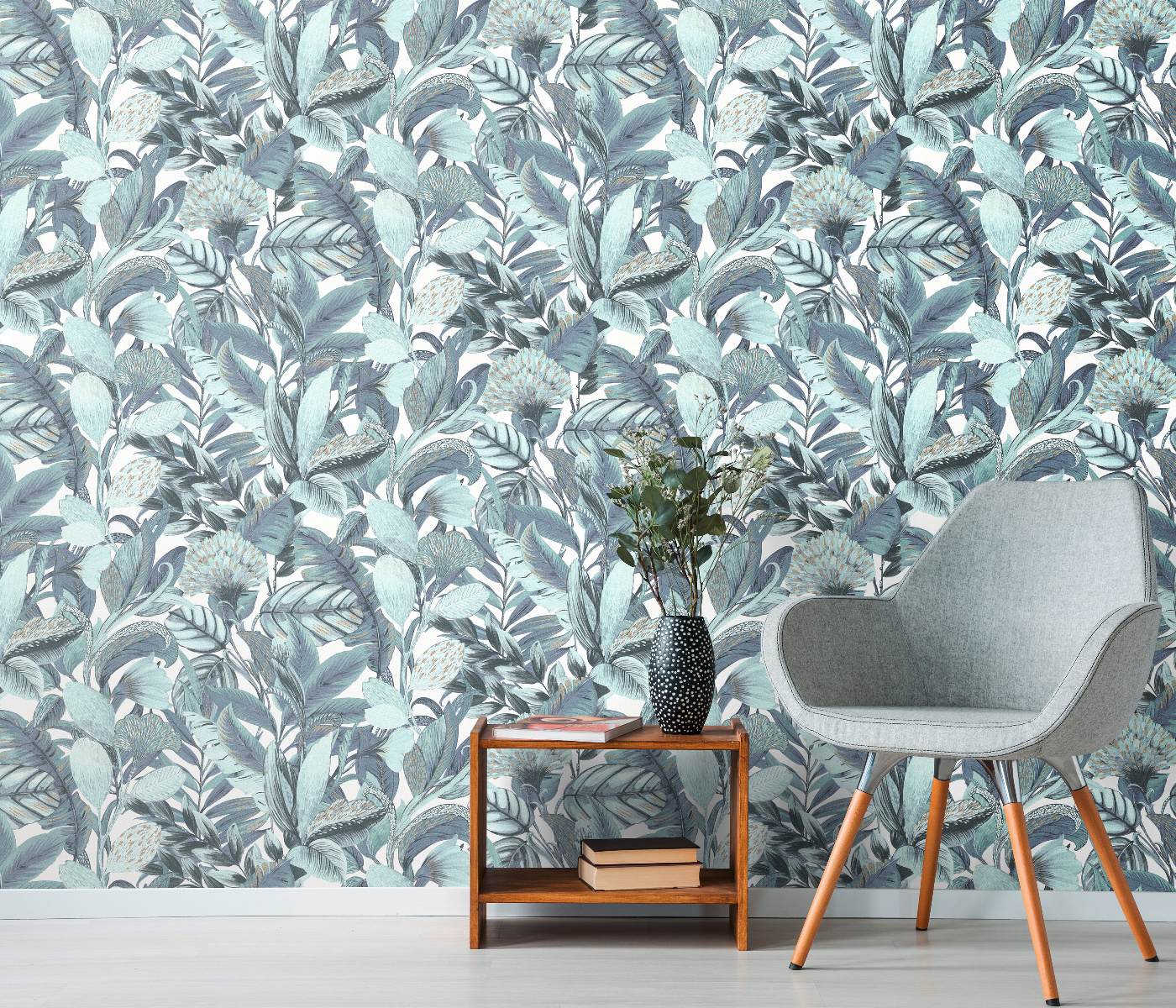 Tapetes botāniskā stilā ar eksotiskām lapām, tirkīzā krāsā - 3710472 Erismann