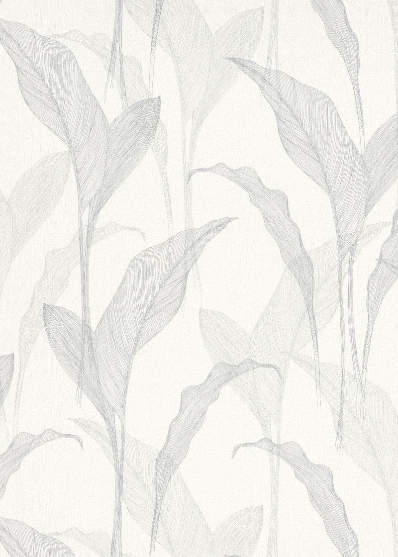 Tapetes botāniskā stilā ar lapām baltā un sudrabā krāsa, 3711473 Erismann