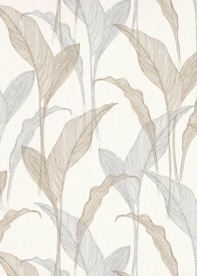 Tapetes botāniskā stilā ar lapām krēmkrāsā un sudrabā krāsa, 3711444 Erismann