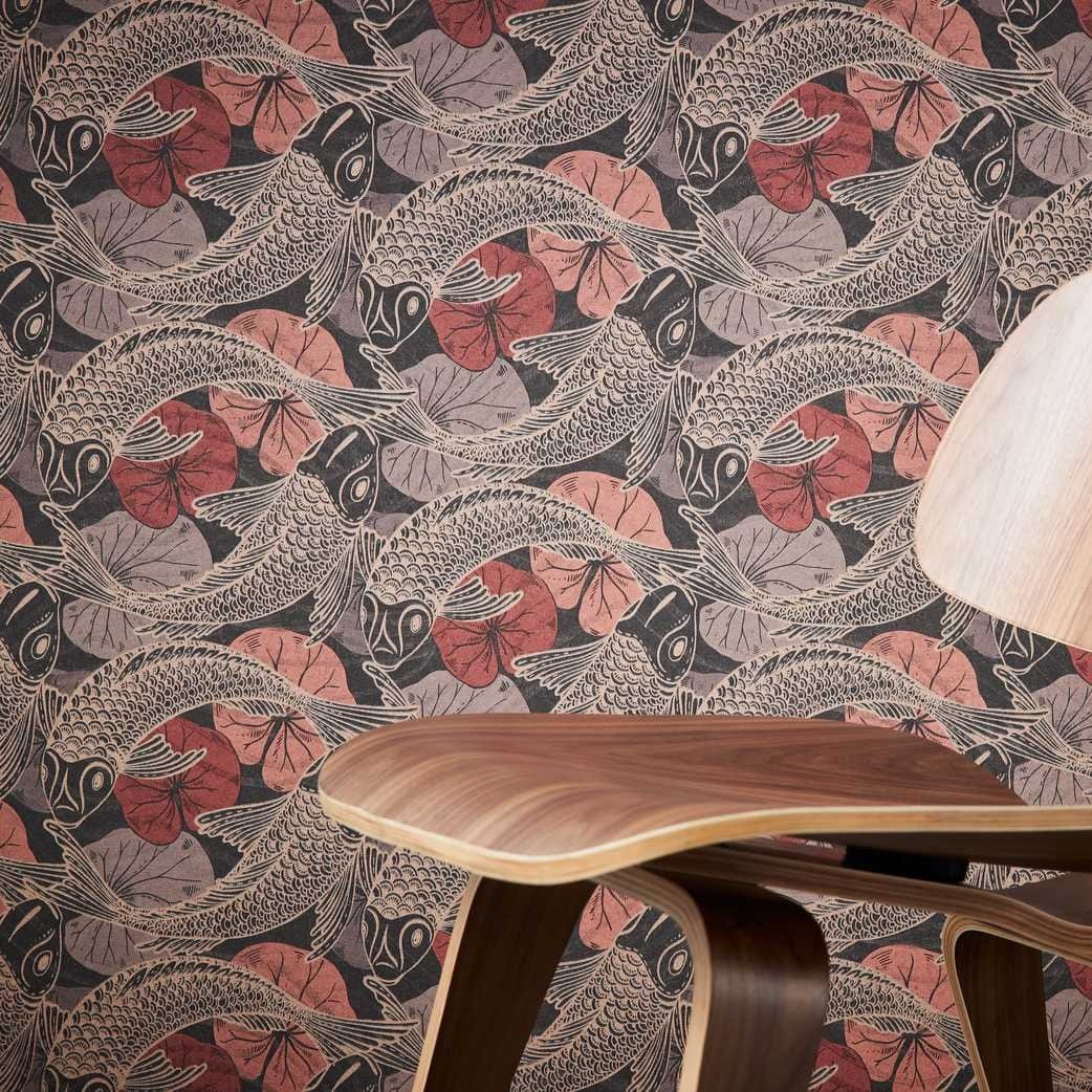 Tapetes ar austrumu motīviem, Koi karpas sarkanā un brūnā AS 378595 AS Creation