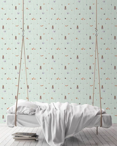 Wallpaper for boys' nursery - with forest animals in shades of green, 1350410 Without PVC