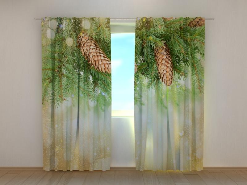 Christmas curtains - Golden Christmas decor with pine branch Tapetenshop.lv