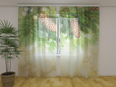 Christmas curtains - Golden Christmas decor with pine branch Tapetenshop.lv