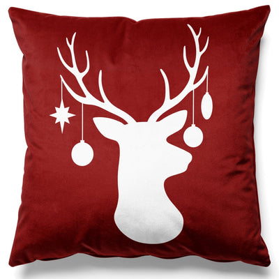 Ziemassvētku spilvendrānas (velūra) - Meža karalis, balta ziemeļbrieža galva un ragi uz sarkana fona G-art