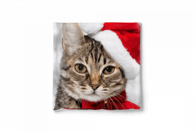 Ziemassvētku spilvendrānas (velūra) - Ziemassvētku kaķis Ziemassvētku vecīša cepurē ar sarkanu loku G-art