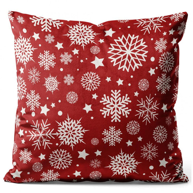Ziemassvētku spilvendrānas (velūra) - Zvaigznes un sniegpārslas, balts dekors uz sarkana fona G-art